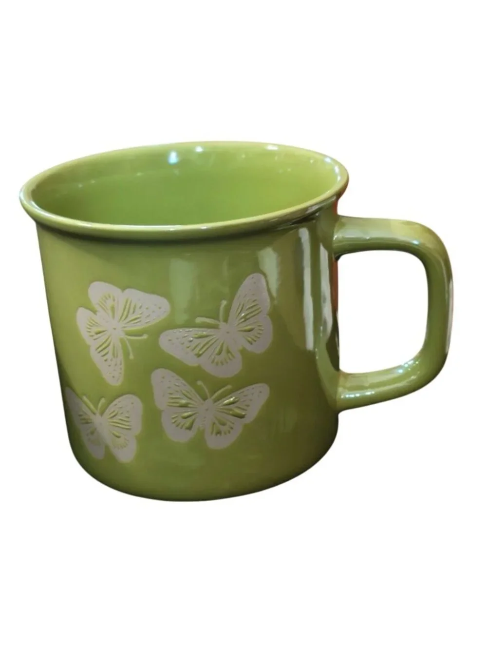 Butterfly Coffee Mug Cup Lime Green Ceramic Embossed Glaze Oversized 4